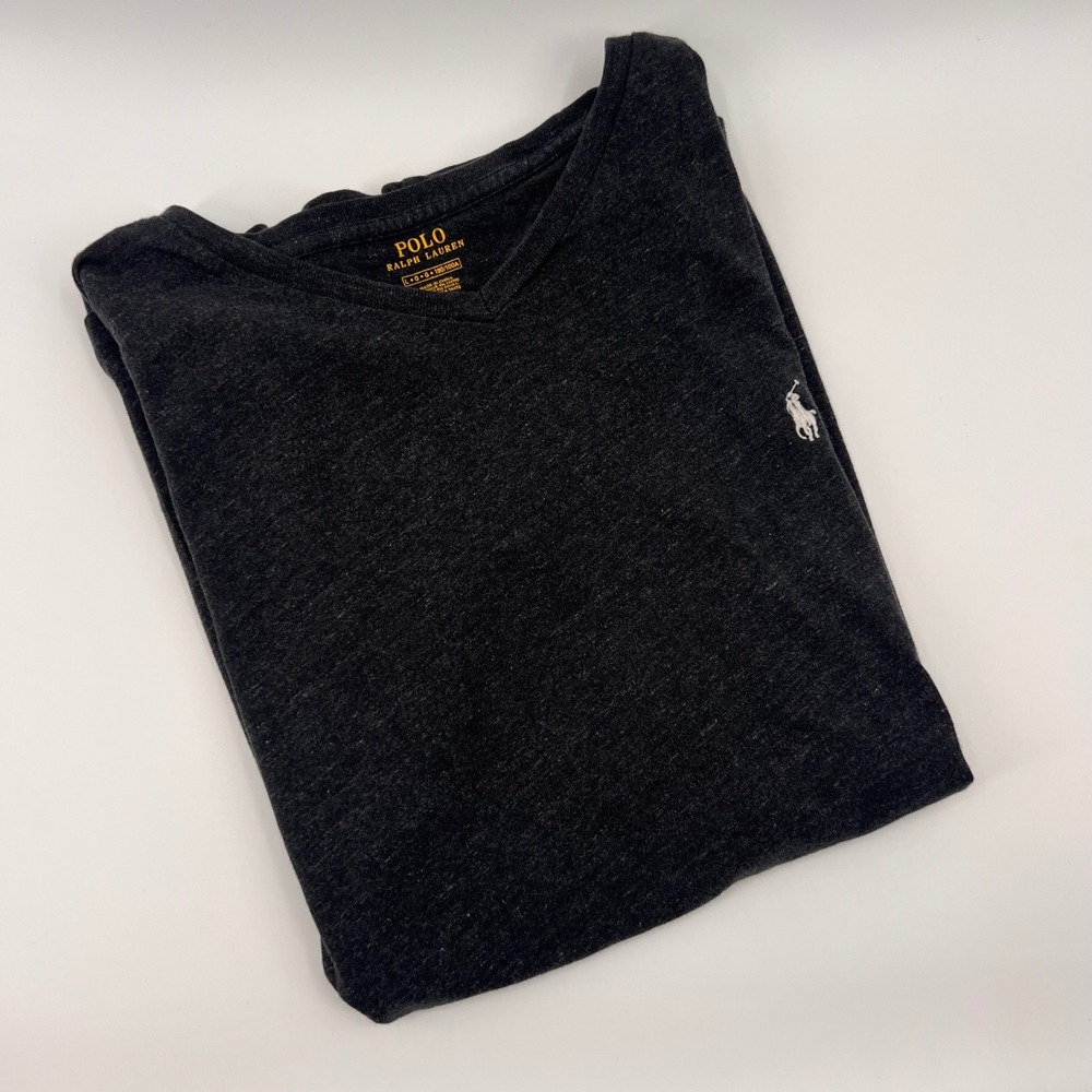 Polo Ralph Lauren Men's V-Neck T-Shirt Dark Gray Heathered Logo Size L G‎